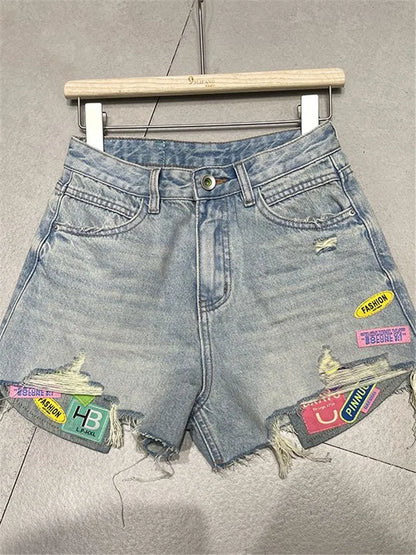 Short en jean déchiré à patchwork de couleurs pour femme