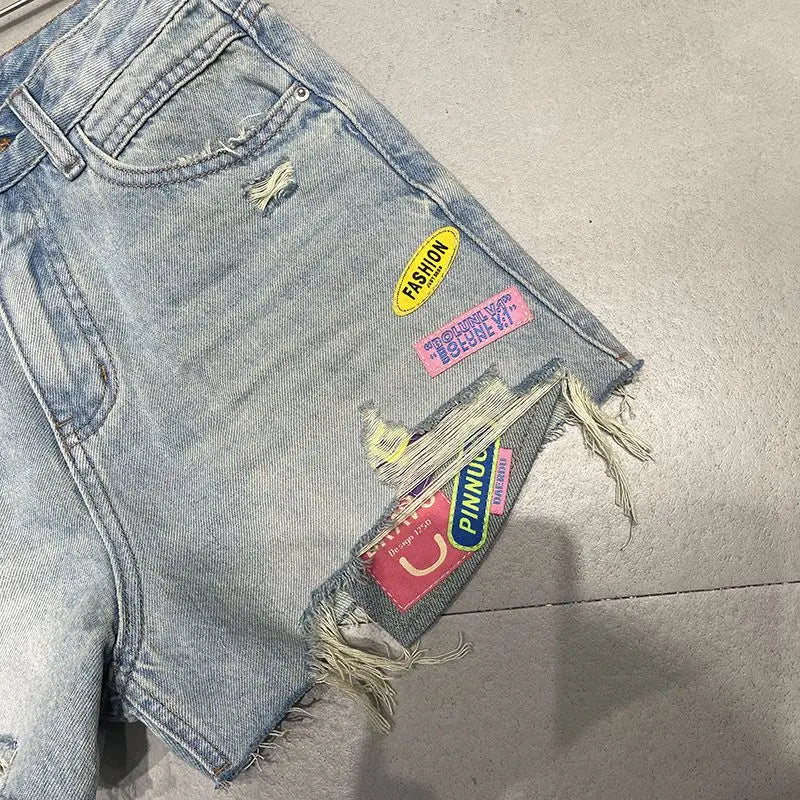 Short en jean déchiré à patchwork de couleurs pour femme