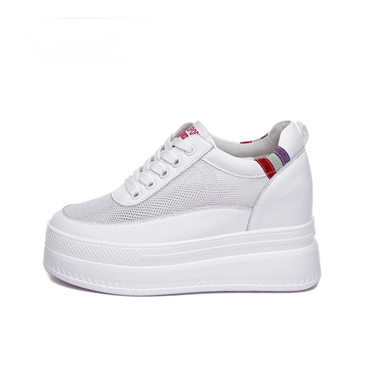 Baskets à semelle compensée, chaussures d'été blanches en cuir véritable de vache, 9cm