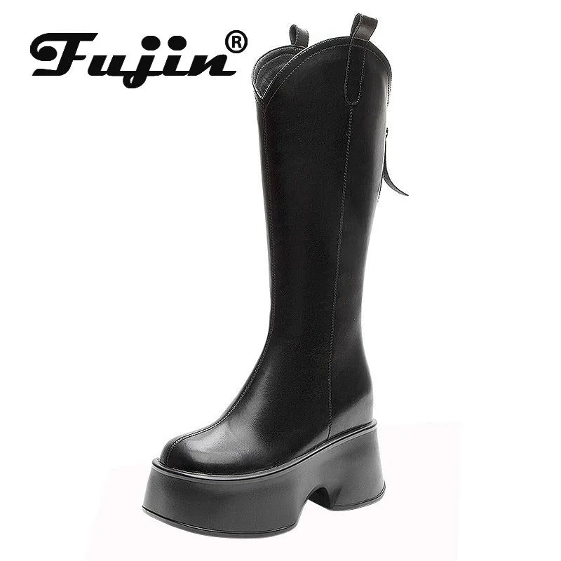 Bottes en cuir véritable synthétique pour femme, chaussures mi-mollet, hauteur du genou 11cm