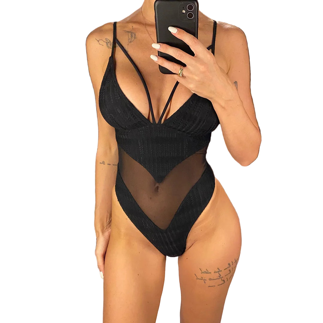 Maillot de bain une pièce en maille transparente à col en V pour femmes