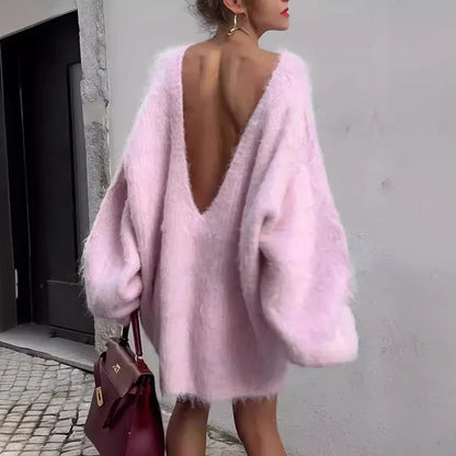 Robe pull dos nu à manches longues pour femmes