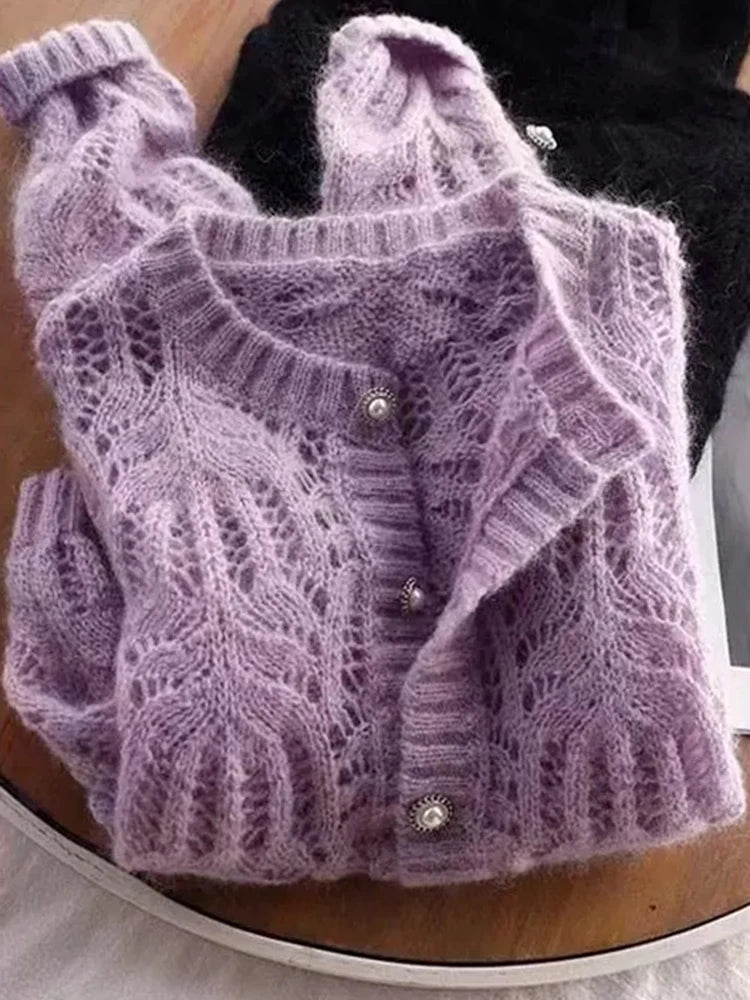 Cardigan court en tricot ajouré pour femmes