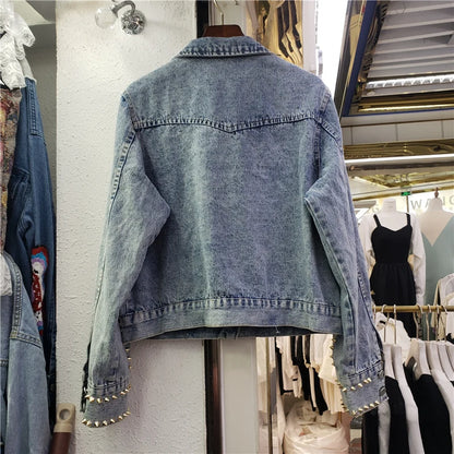 Veste en jean à grandes poches et rivets multicolores pour femme