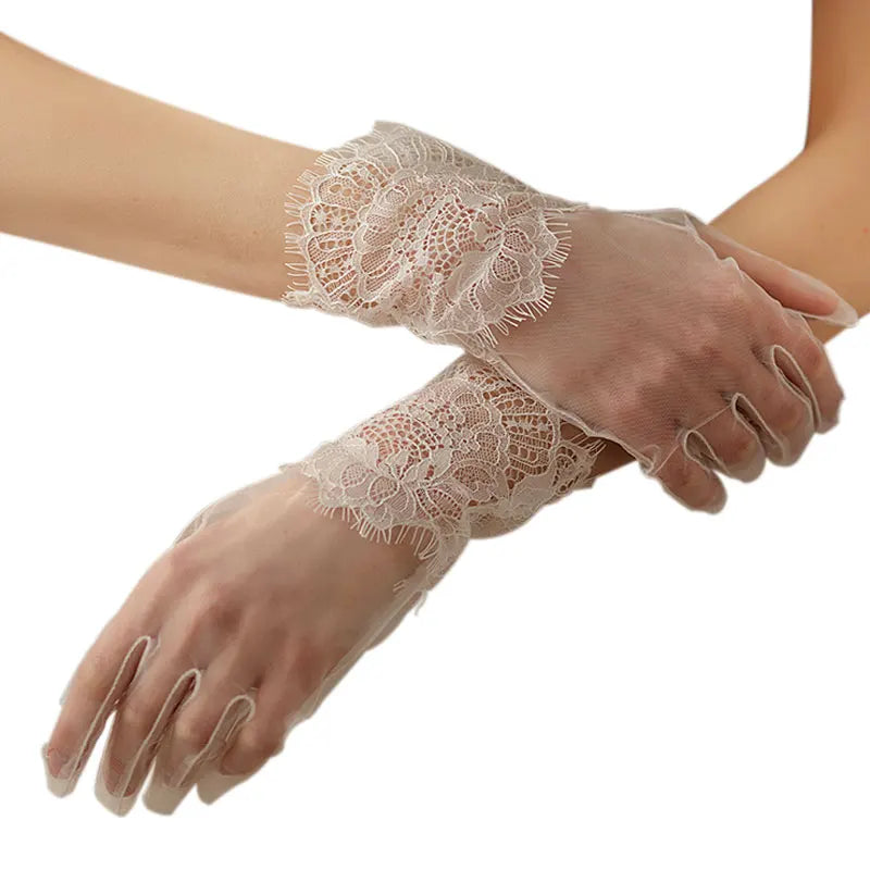 Gants de Poignet Courts en Dentelle et Tulle Blanc pour Femme