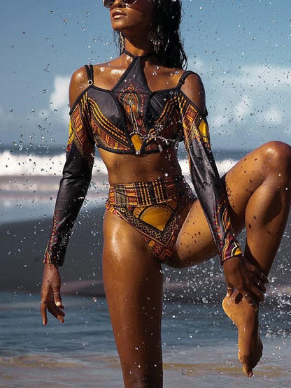 Maillot de bain deux pièces imprimé africain, bikini à manches longues, taille haute