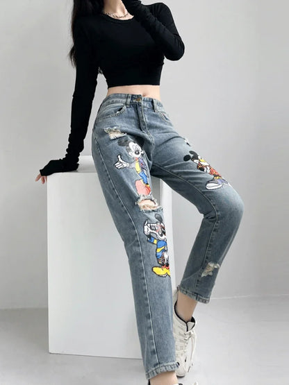 Jeans déchirés de dessin animé pour femmes