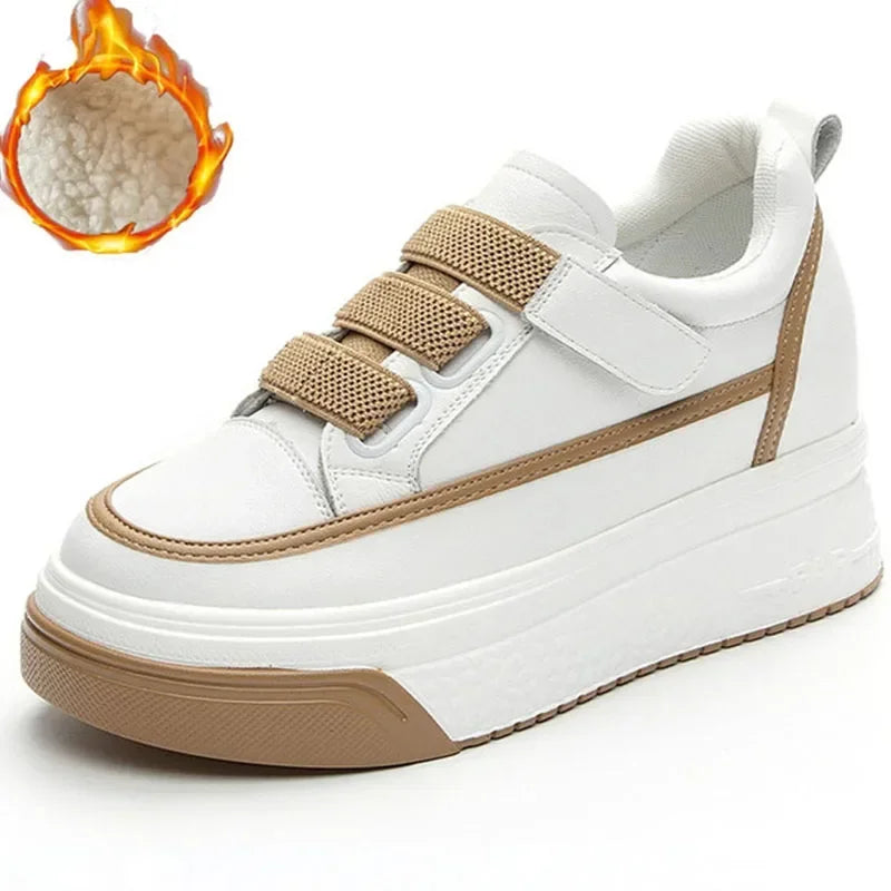 Baskets à plate-forme compensée en cuir véritable pour femmes