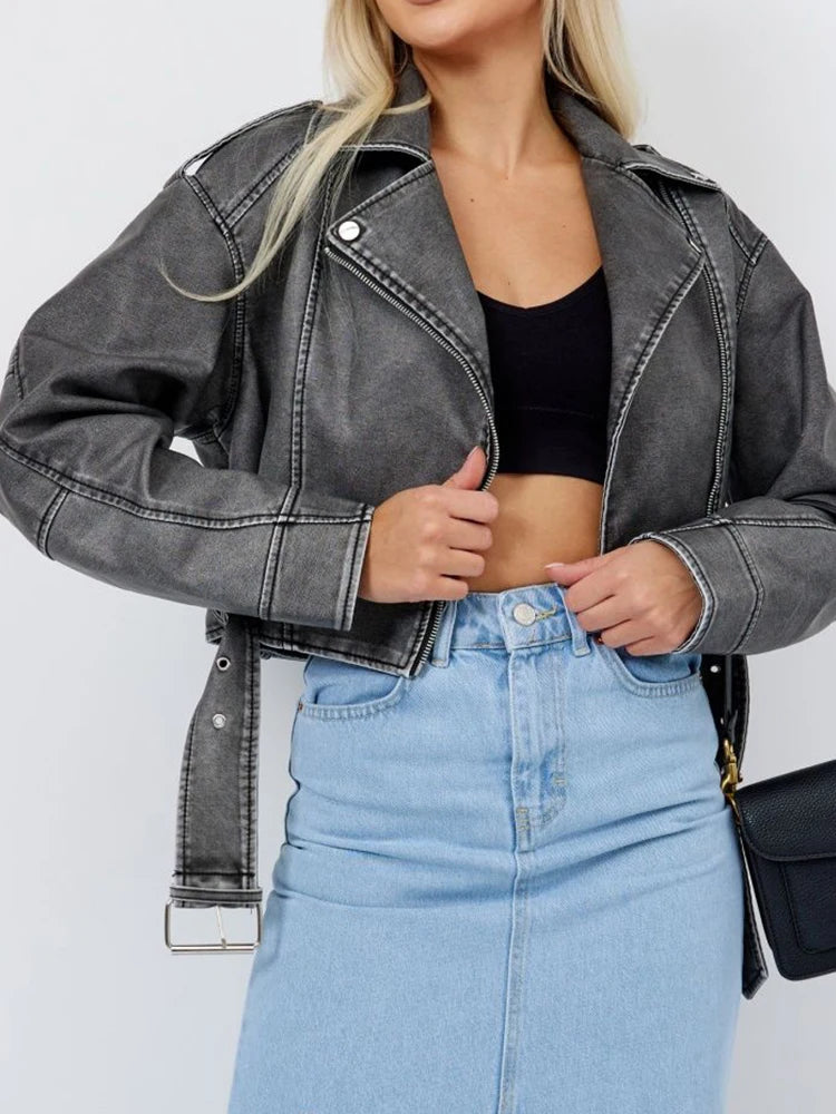 Veste en faux cuir courte avec ceinture pour femmes