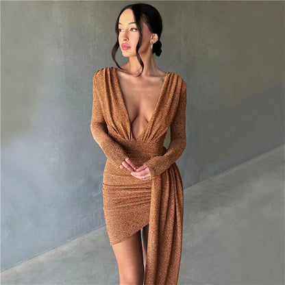 Mini robe courte Sexy à manches longues et col en V pour femme