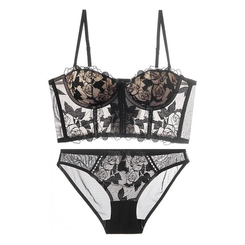 Ensemble de Lingerie française Sexy en dentelle Rose brodée, soutien-gorge Push Up, Bralette fine, haut et culotte