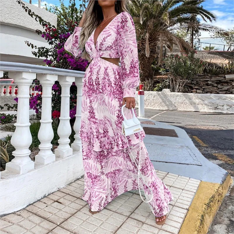 Robe longue à imprimé Floral, Sexy, col en V, fente latérale pour femmes