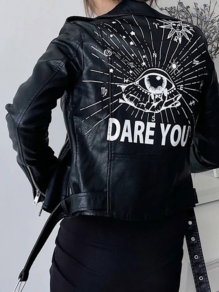 Veste vintage Graffiti imprimé Slim pu similicuir pour femme