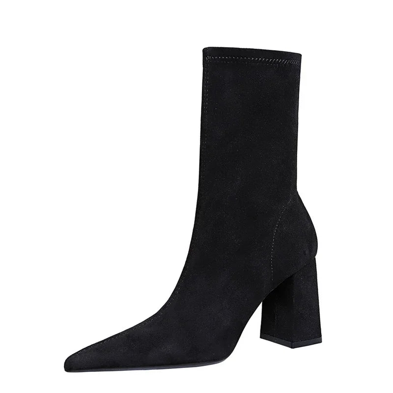 Bottines noir tissu élastique pointu talons carrés pour femmes