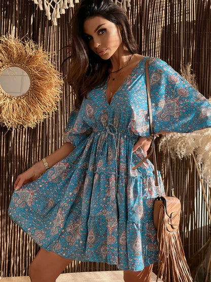 Mini Robe à imprimé Floral style Boho pour femmes, , col en v, manches lanternes, décontractée, ample, ligne a