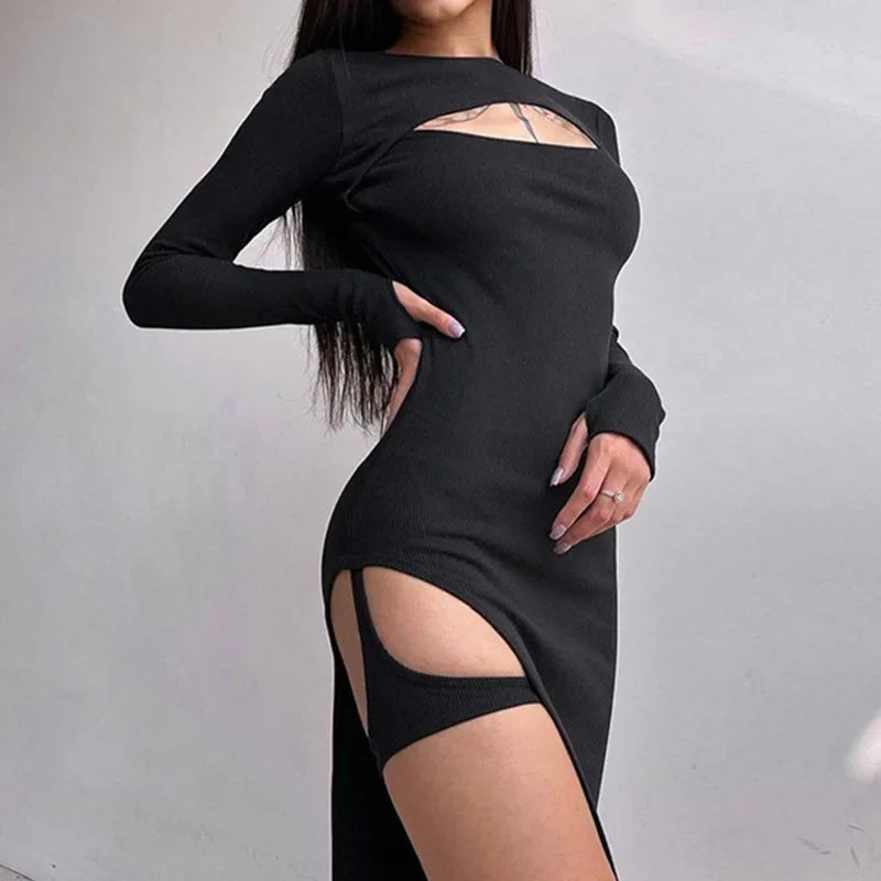 Combishort noir moulant à manches longues pour femmes