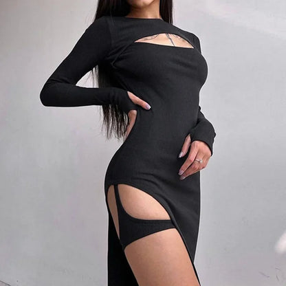 Combishort noir moulant à manches longues pour femmes