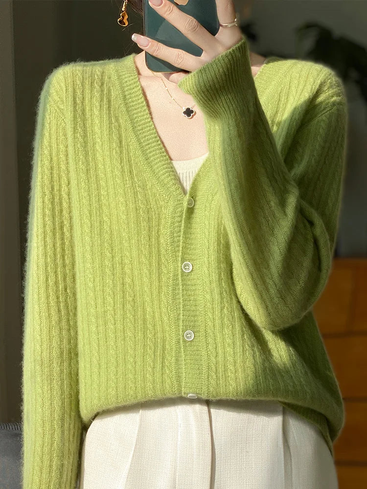 Cardigan à col en v pour femme, pull en cachemire