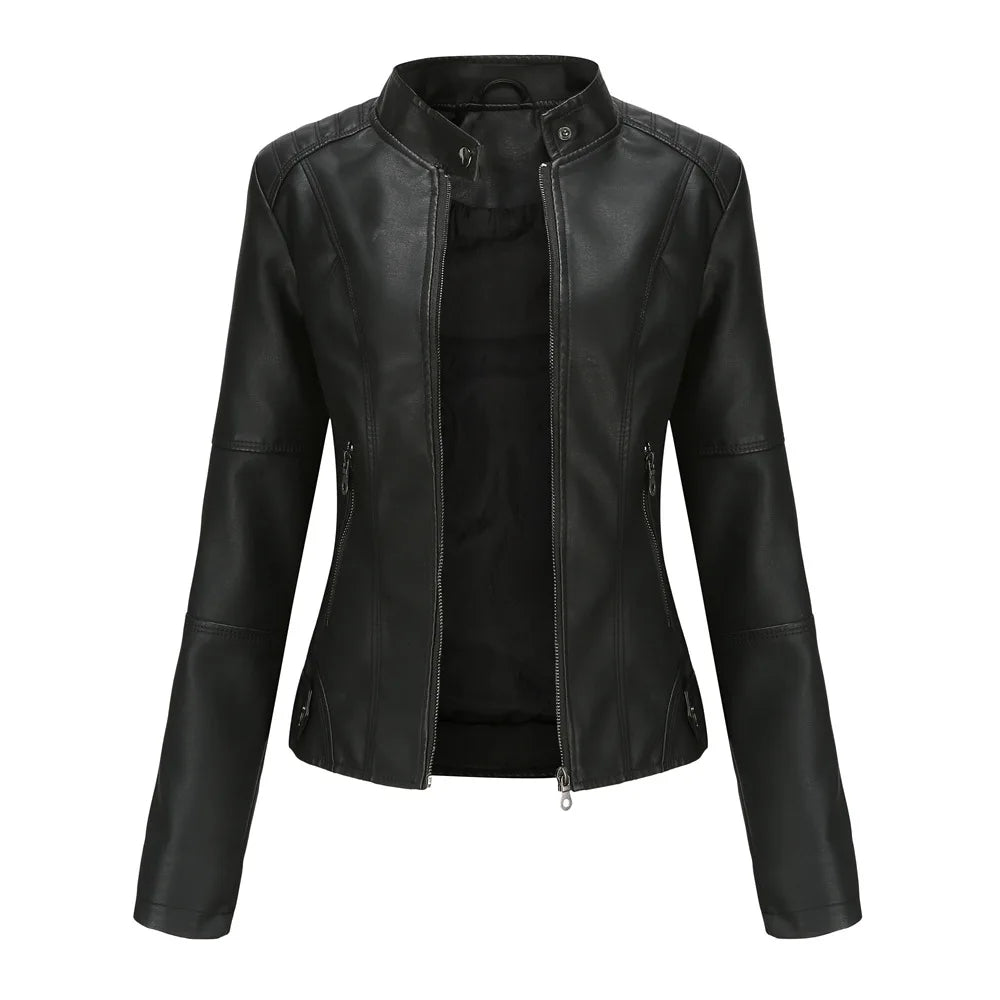 Blouson en cuir PU femme, col montant