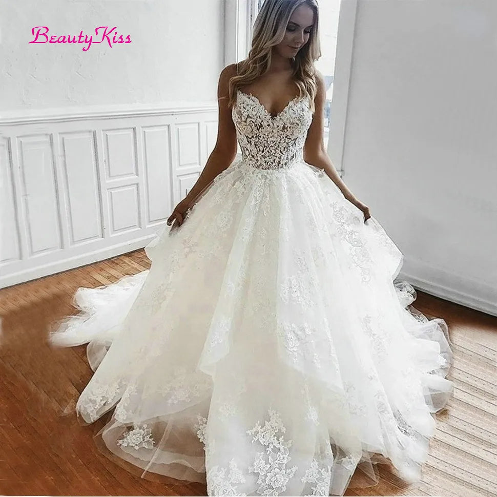 Robe De mariée trapèze en Tulle blanc, avec des Appliques, bretelles Spaghetti, dos nu, en dentelle, à volants