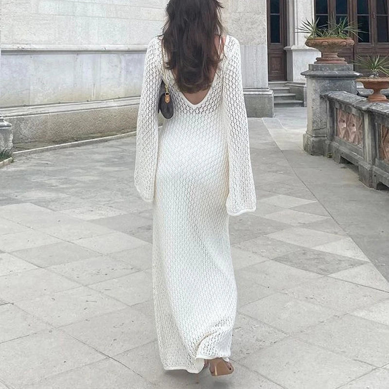 Robe longue tricotée ajourée pour femmes, élégante, manches évasées au Crochet, coupe basse, col en V, dos nu