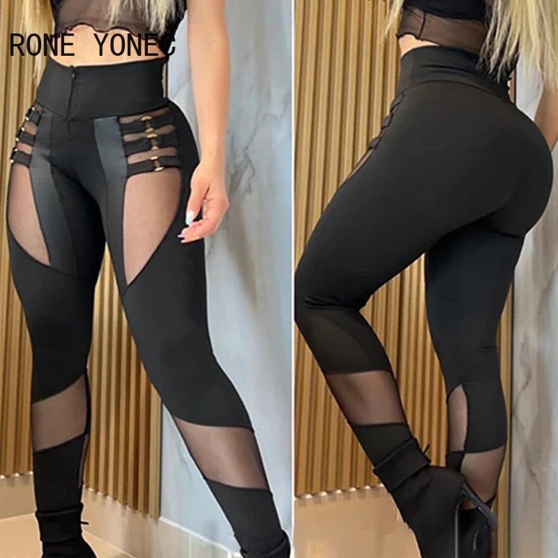 Pantalon crayon noir taille haute avec fermeture éclair et patch en maille contrastée pour femme