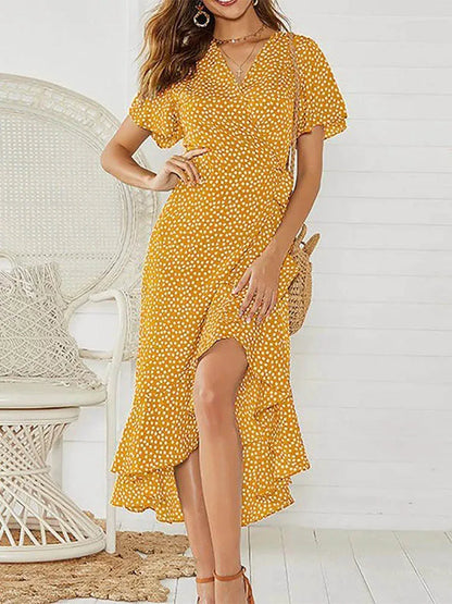 Robe longue en mousseline de soie pour femmes, imprimé floral, style boho, volants ronds, décontracté, col en v, fendue