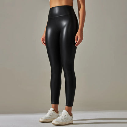 Leggings slim taille haute, Push-Up en cuir PU pour femme