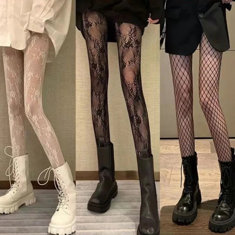 Bas résille gothiques collants noirs pour femmes
