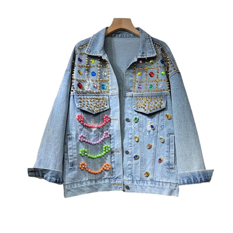 Veste en jean à rivets multicolores pour femme