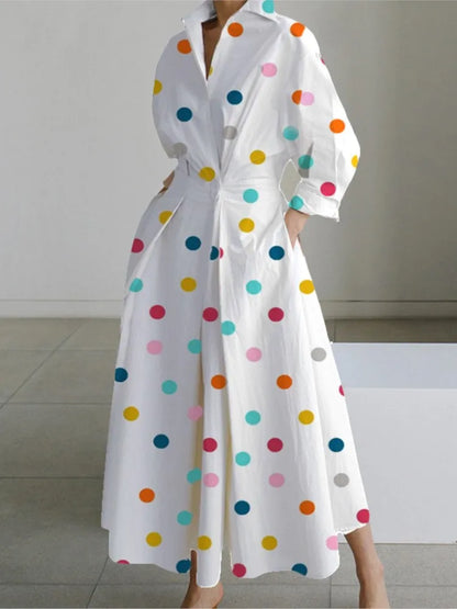 Robe À Pois Col En V Imprimé Lâche Boutonné pour femmes