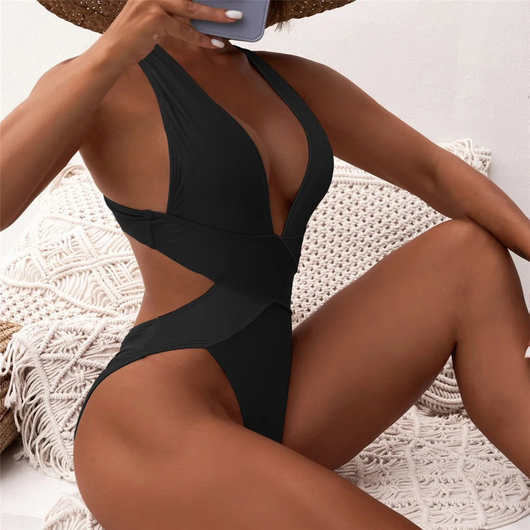 Maillot de bain une pièce à col en V profond et dos croisé pour femmes