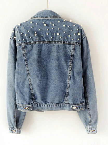 Veste en jean à manches longues pour femme, bouton adt, perles, revers court, sauvage, décontracté