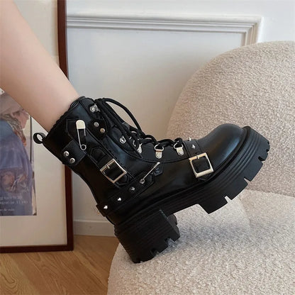 Bottes en cuir verni pour femmes respirantes à plateforme Lolita avec fermeture éclair, style gothique