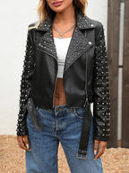 Veste avec rivet, ceinture, fermeture éclair noir Faux cuir pour femmes