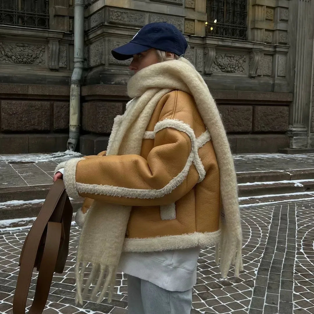 Veste courte en cuir PU patchwork pour femme