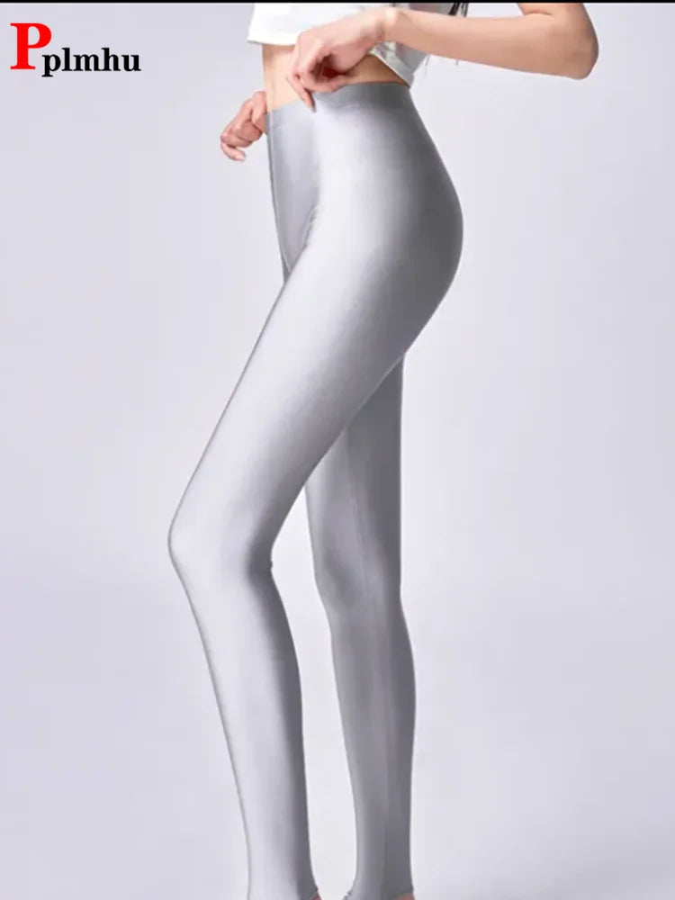 Legging de yoga sexy longueur cheville, couleur bonbon, soie glacée brillante, slim, taille haute pour femmes