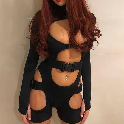 Combishort noir moulant à manches longues pour femmes