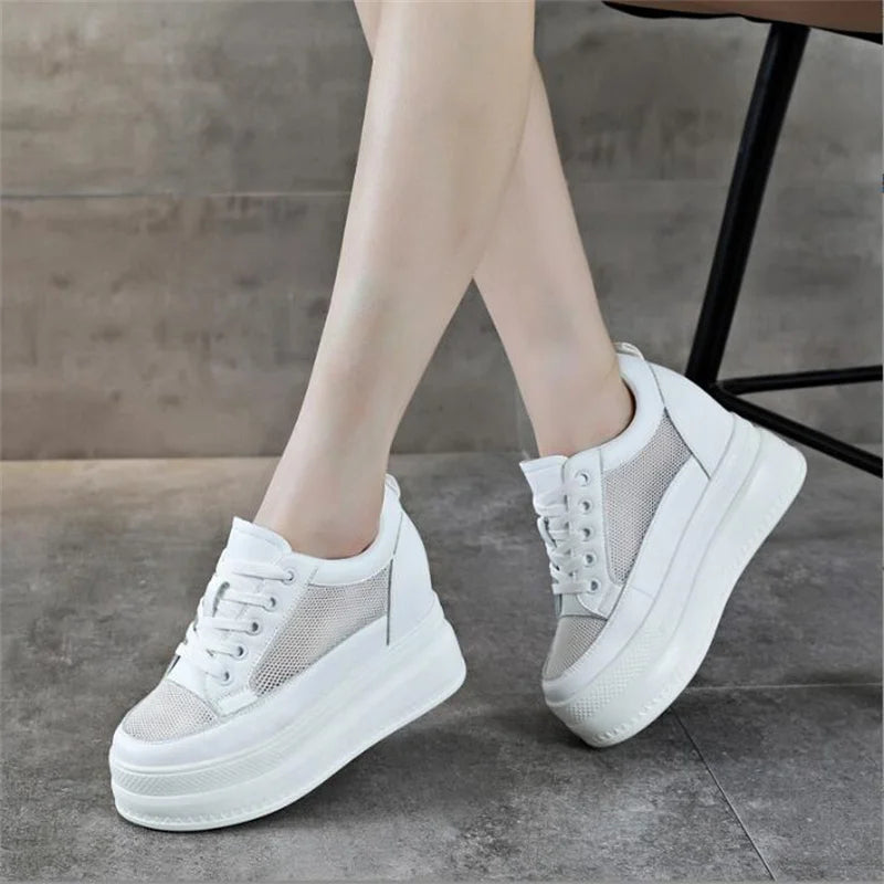 Baskets compensées en cuir véritable pour femmes