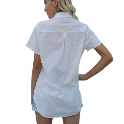 Chemise en coton et lin surdimensionné pour femmes à boutons, couleur unie, décontractée à manches courtes