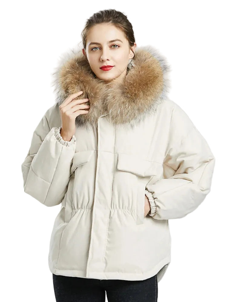 Manteau courte à capuche en fourrure de raton laveur véritable pour femme
