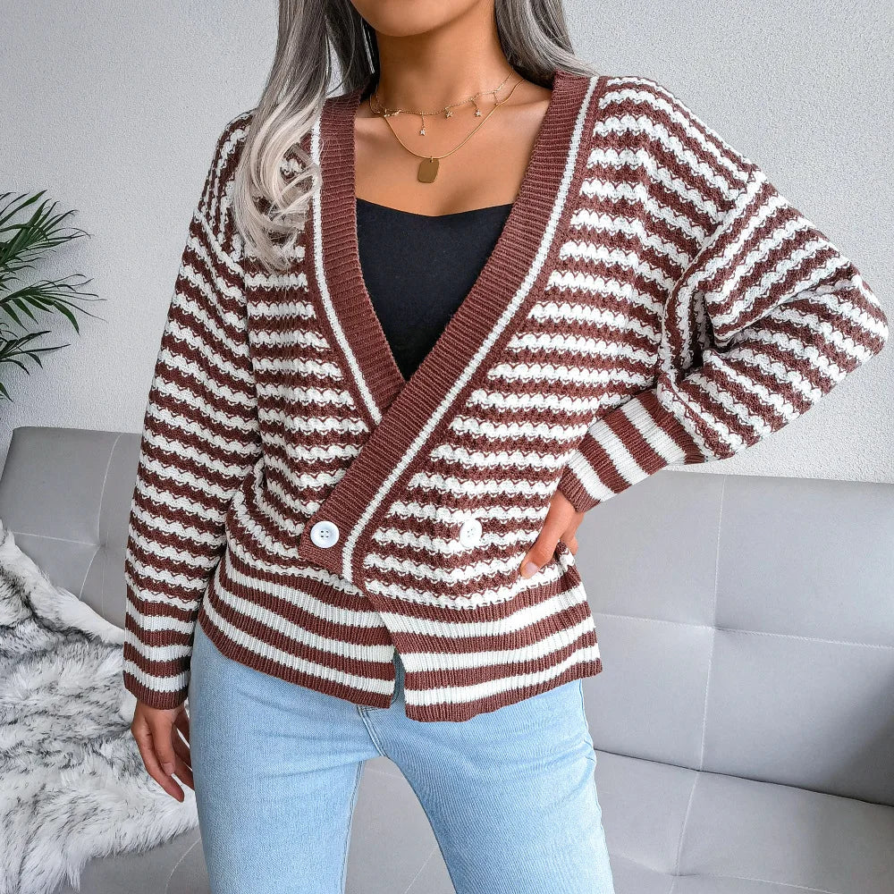 Cardigan tricoté à manches longues et col en v rayé pour femme