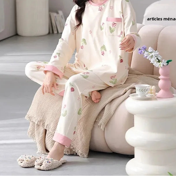 Vêtements de nuit à manches longues en pur coton pour femmes