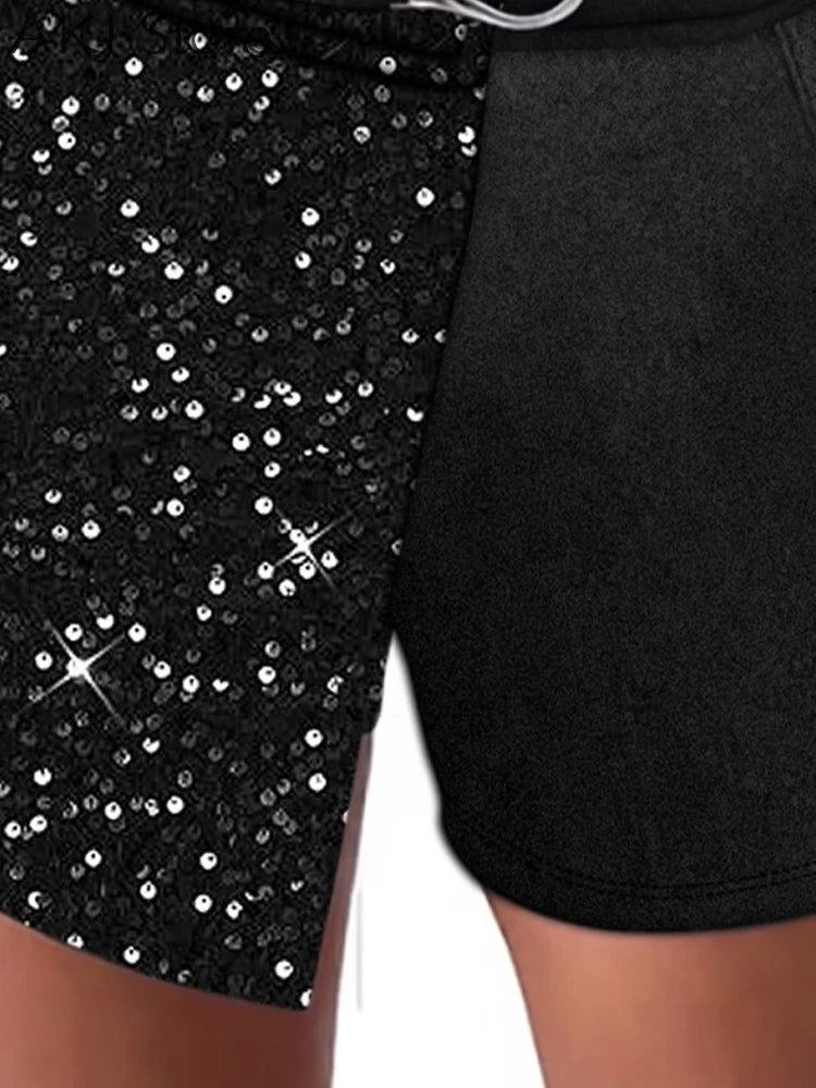 Short décontracté à paillettes et boucle en métal pour femme