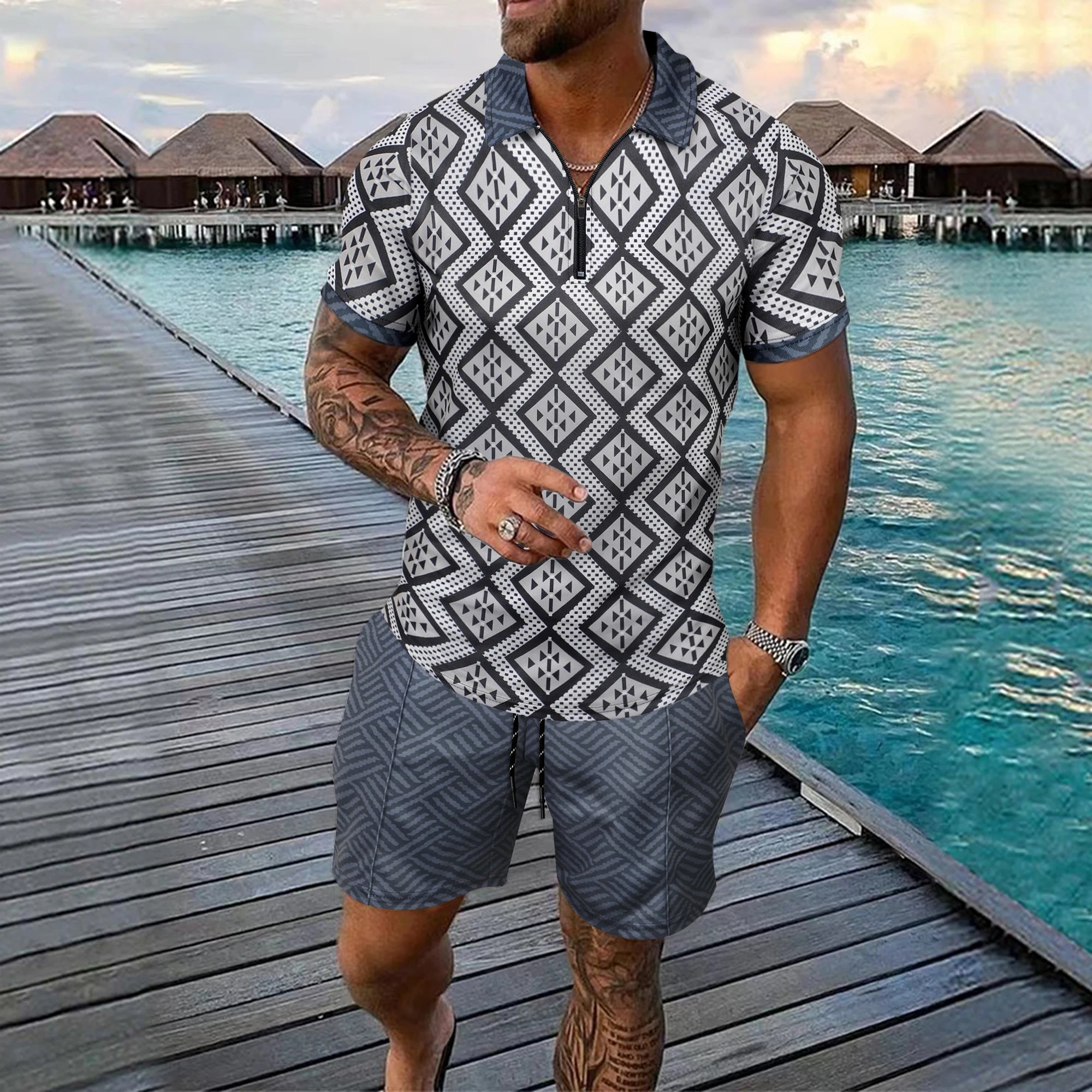 Ensemble deux pièces avec short et polo décontracté à manches courtes pour hommes