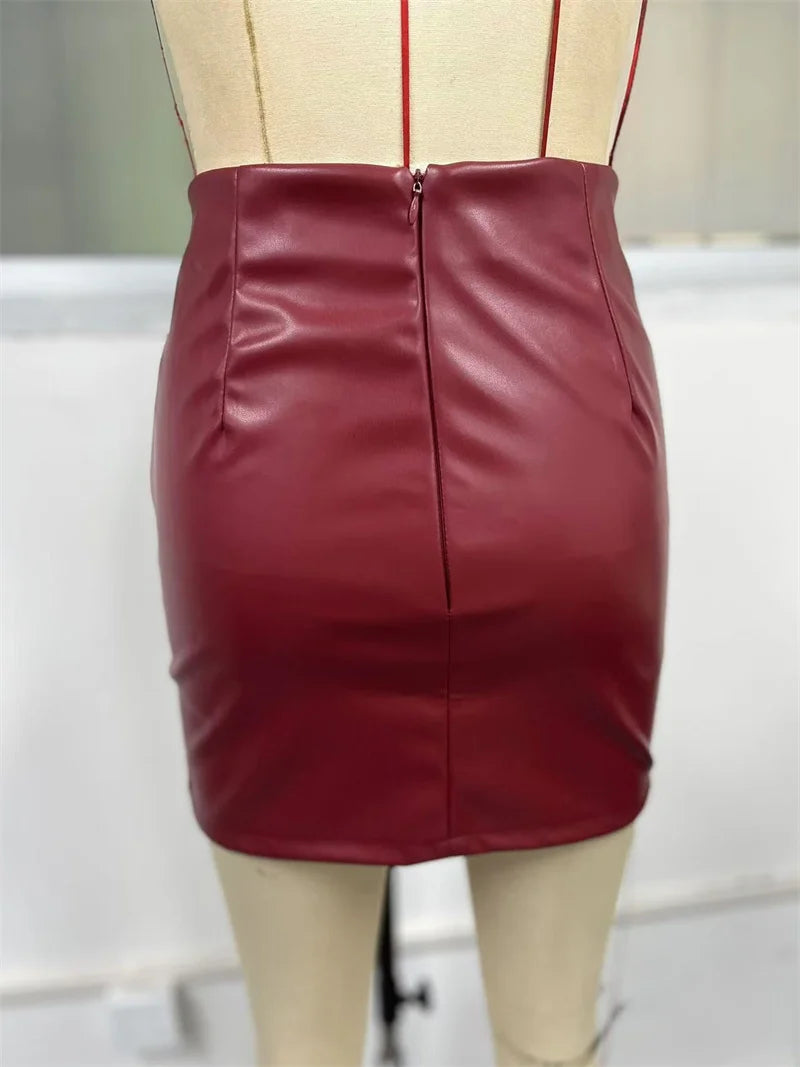 Mini jupes en cuir PU fendu taille haute pour femmes