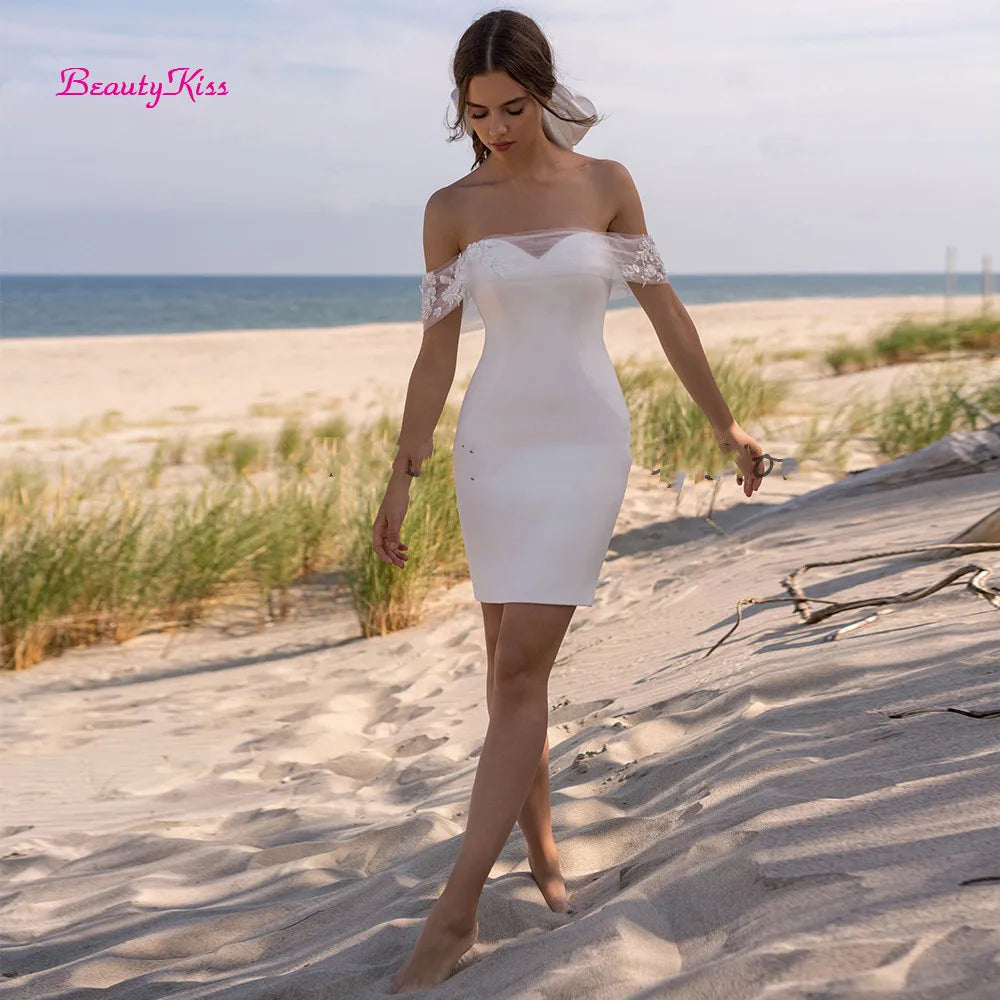 Robe de Mariée Blanche Simple en Satin Court pour Femme