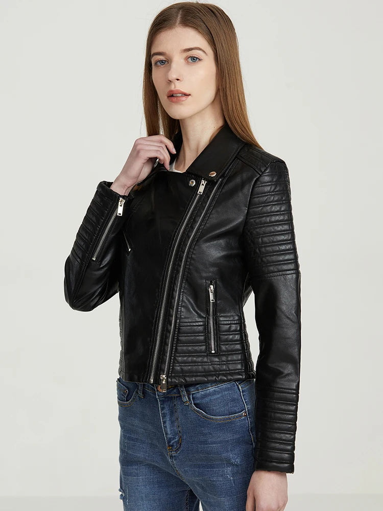 Veste en simili cuir pour femmes col rabattu