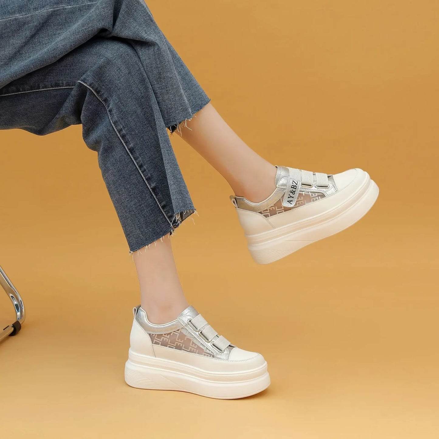 Baskets respirantes en cuir véritable, 7cm pour femmes