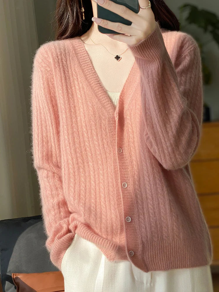 Cardigan à col en v pour femme, pull en cachemire